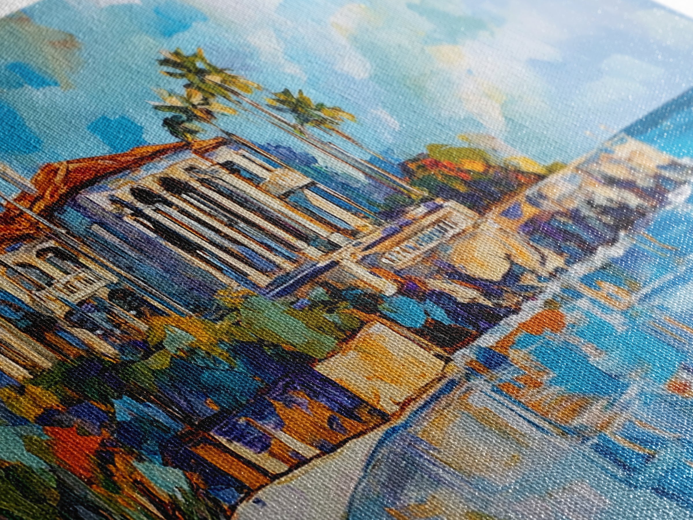 Coastal Mansion, Palm Trees, Panoramic Art, Framed Canvas Print, Coastal Landscape Art, Tropical Decor, Extra Wide Art, Living Room Art