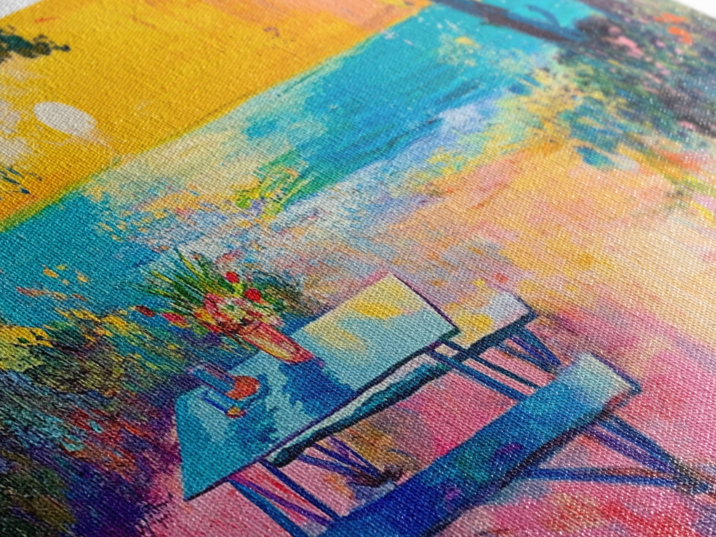 Coastal landscape art, framed canvas print, extra wide art, vibrant sunset painting, tropical beach decor, ocean waves, panoramic art