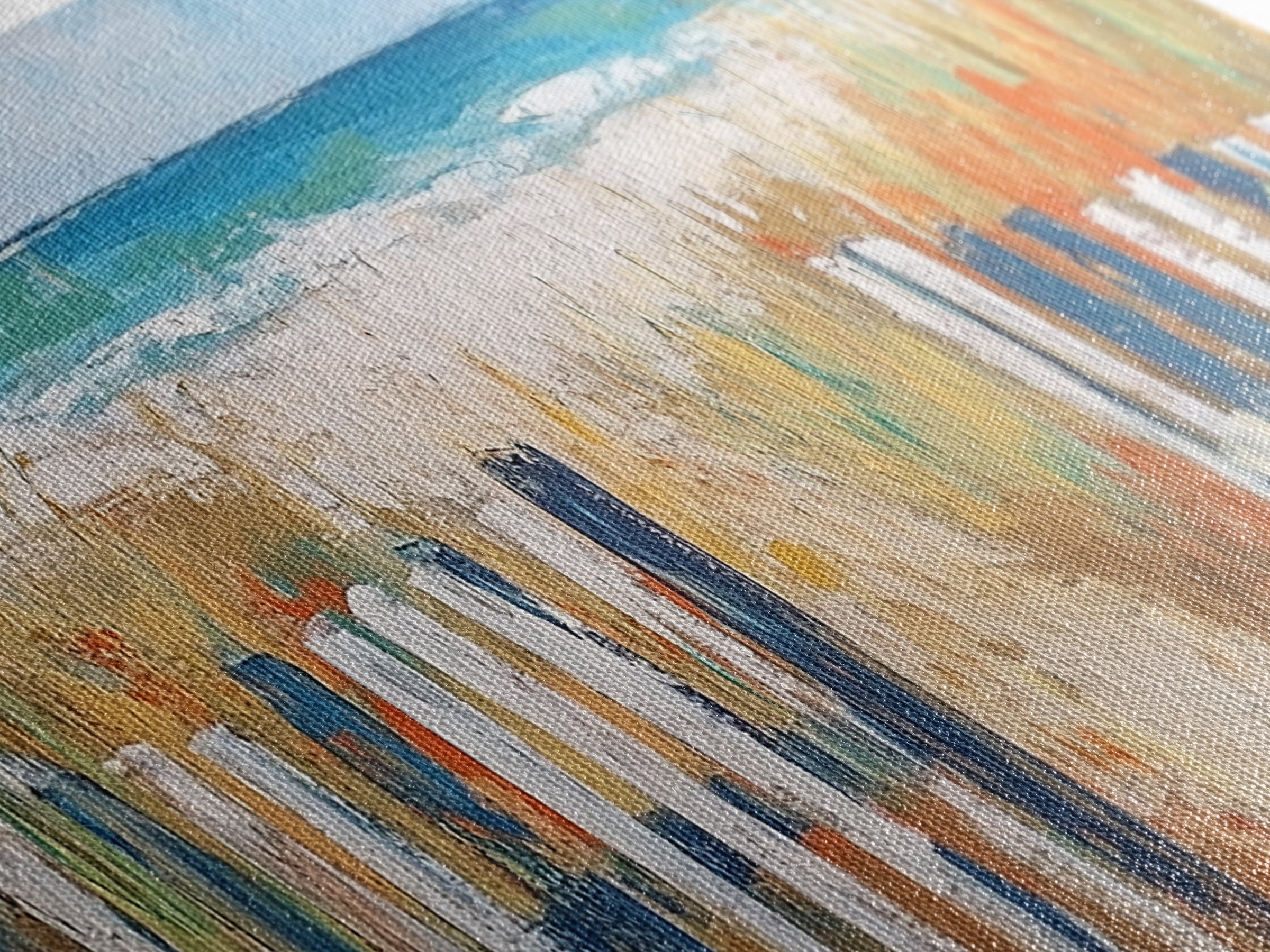 Beach Fence, coastal painting, framed canvas print, nautical decor, seascape painting, blue and green wall art, extra wide art