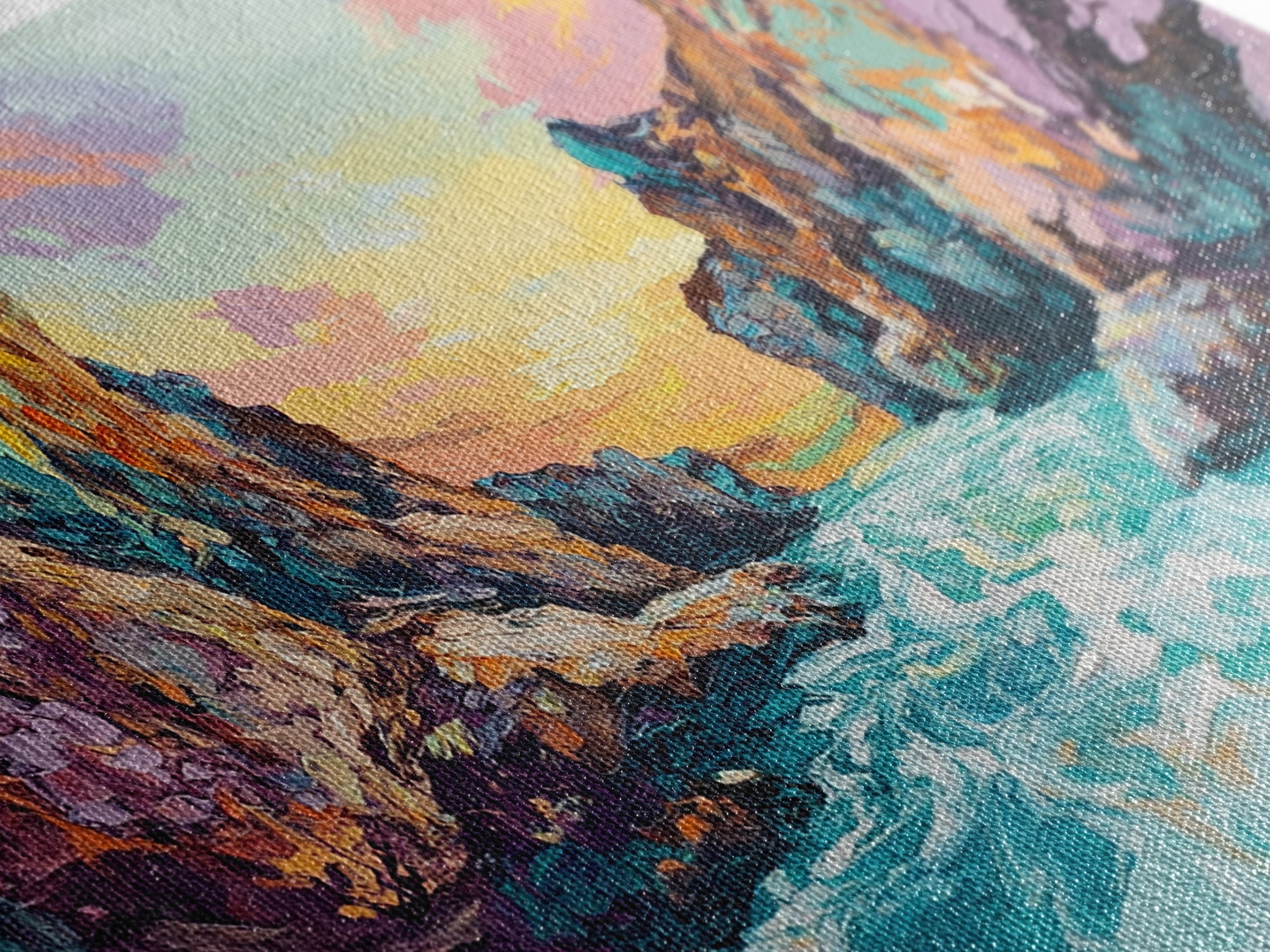 Coastal Canyon Sunset, panoramic painting, extra wide art, framed canvas print, seascape painting, southwest wall art