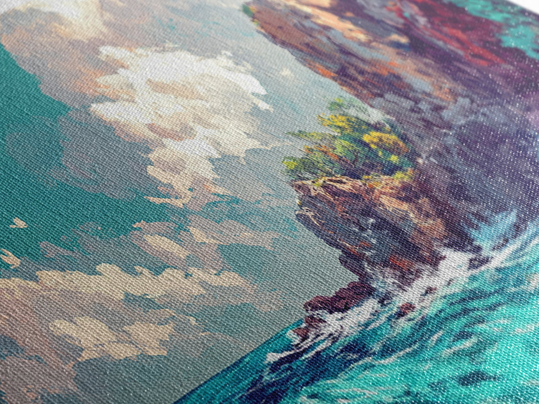 Rocky Cliff Beach, coastal landscape art, framed canvas print, seascape painting, nautical decor, extra wide art, above couch art