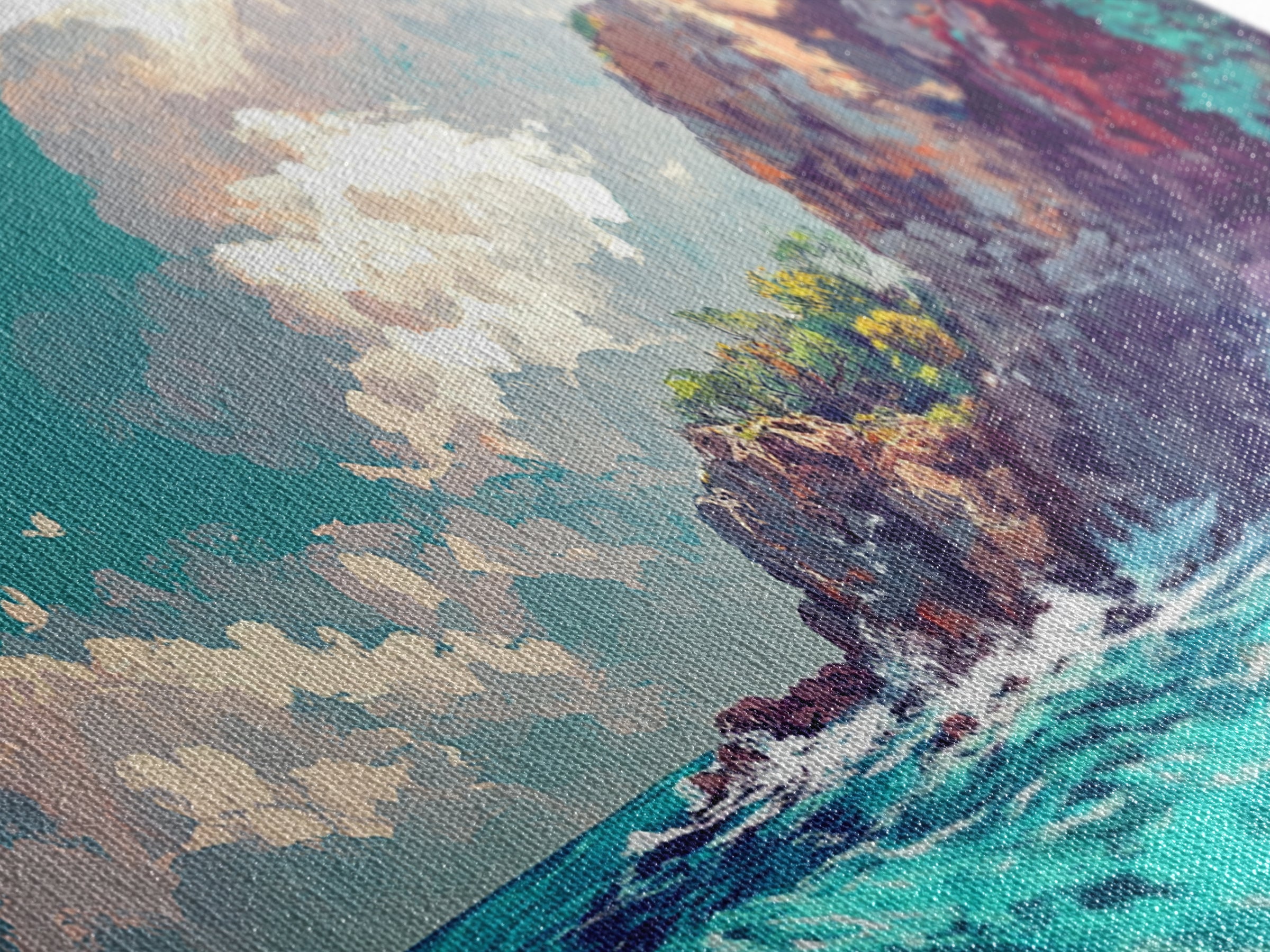 Rocky Cliff Beach, coastal landscape art, framed canvas print, seascape painting, nautical decor, extra wide art, above couch art