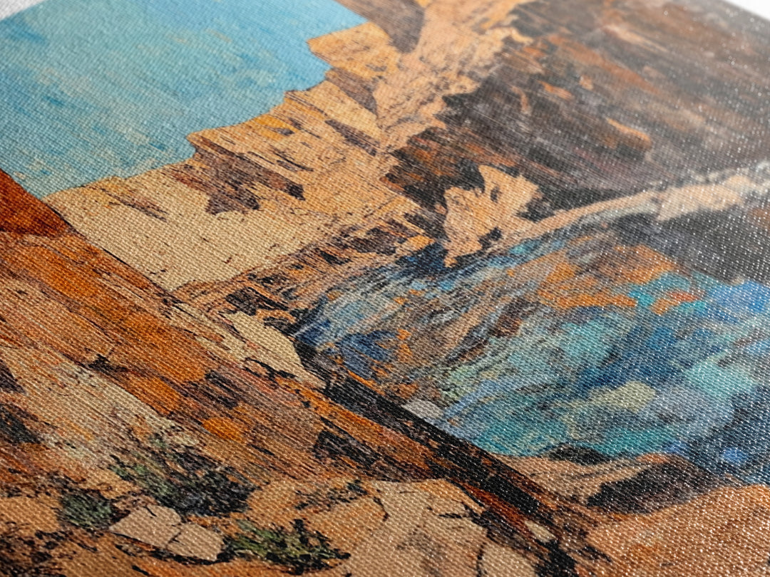 Canyon River, southwest landscape, desert cliffs, textured painting, extra wide art, panoramic art, Framed Canvas Print, rustic decor