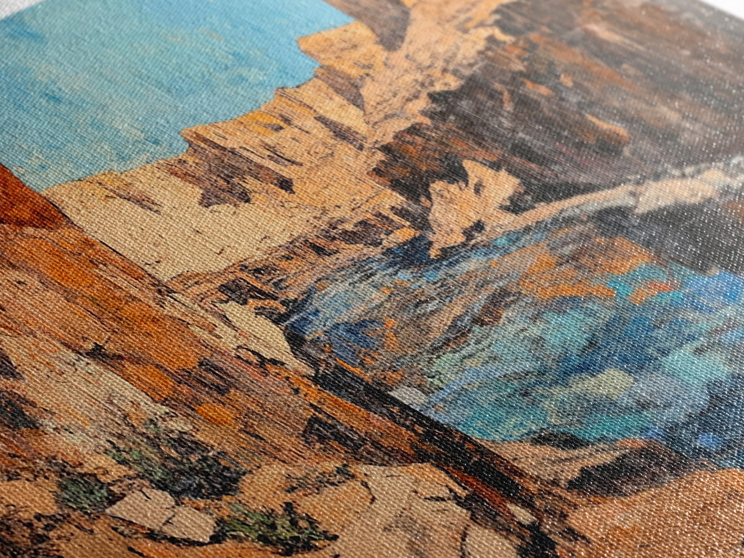 Canyon River, southwest landscape, desert cliffs, textured painting, extra wide art, panoramic art, Framed Canvas Print, rustic decor