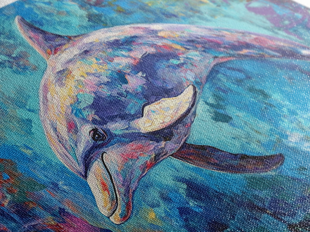 Dolphin Painting, blue and green wall art, coastal decor, nautical painting, framed canvas print, whimsical art, ocean wall art