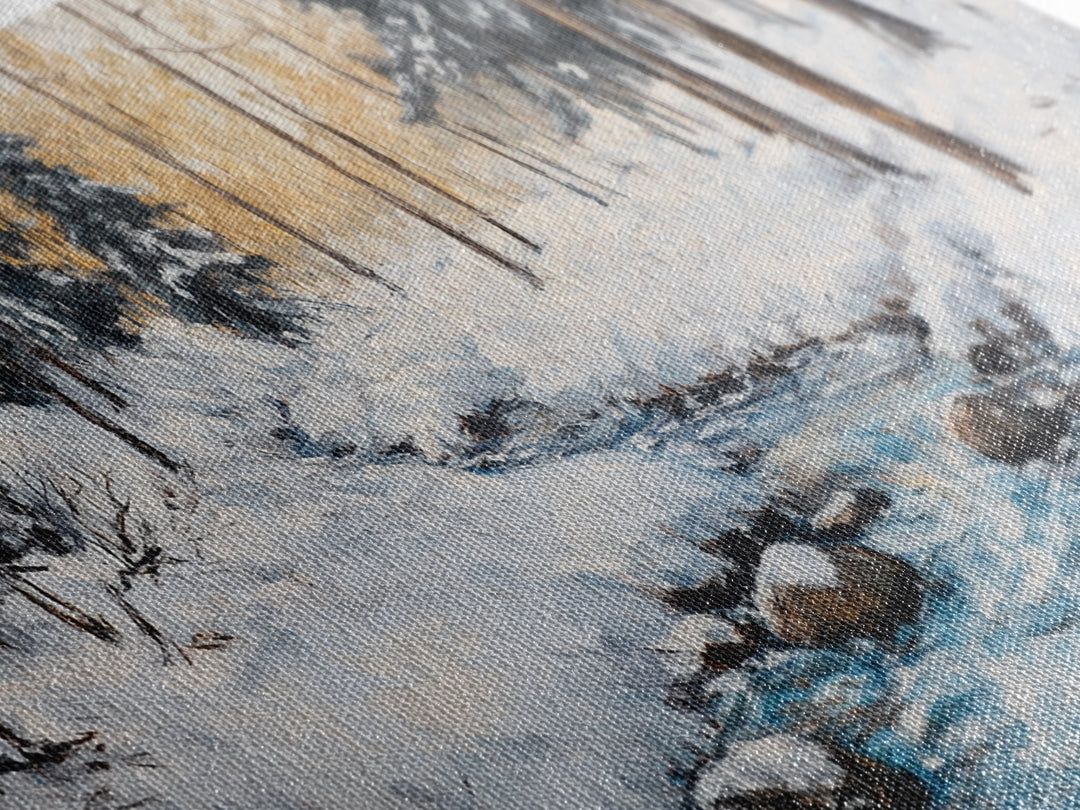 Birch Tree Painting, Snowy River Art, Winter Landscape, Framed Canvas Print, Farmhouse Art, Wabi Sabi Art, Tall Narrow Art