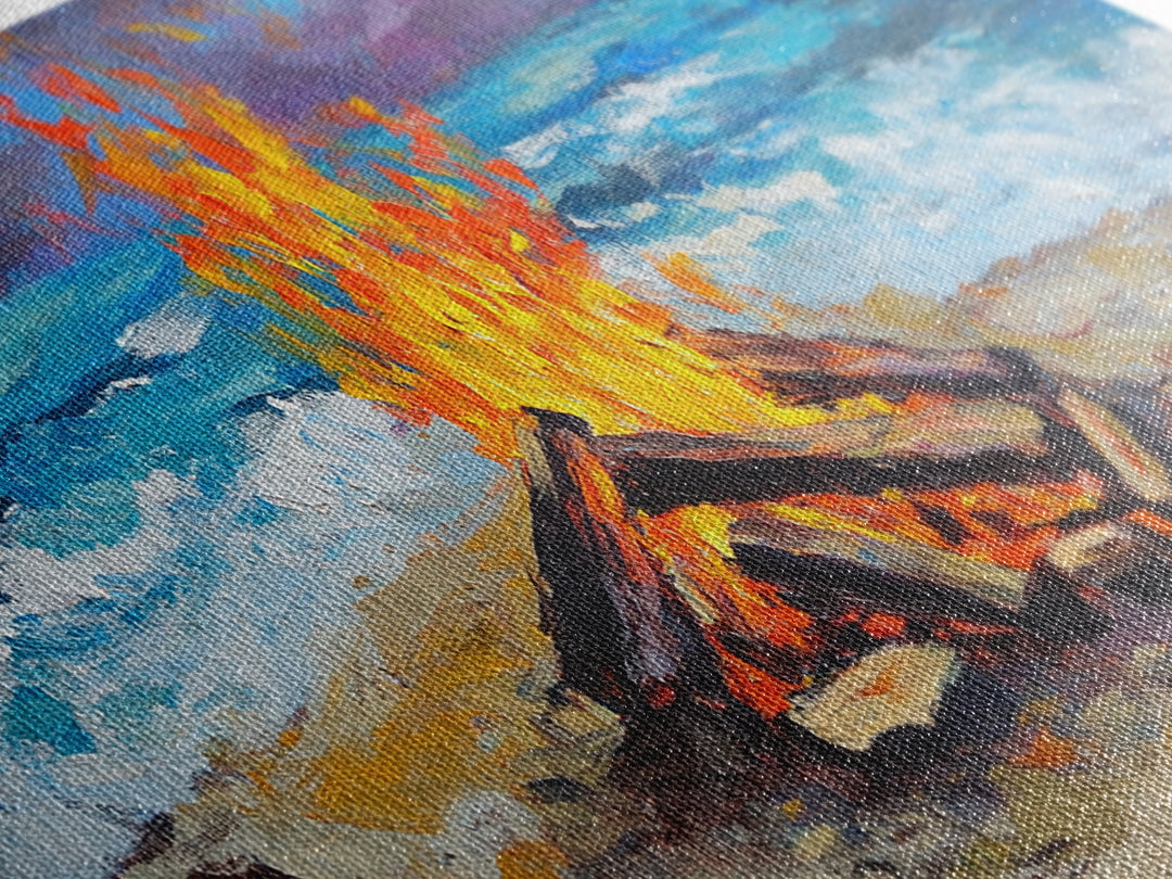 Beach bonfire, coastal decor, surf wall art, nautical painting, ocean fire, rustic wall art, horizontal wall art, canvas print, seascape