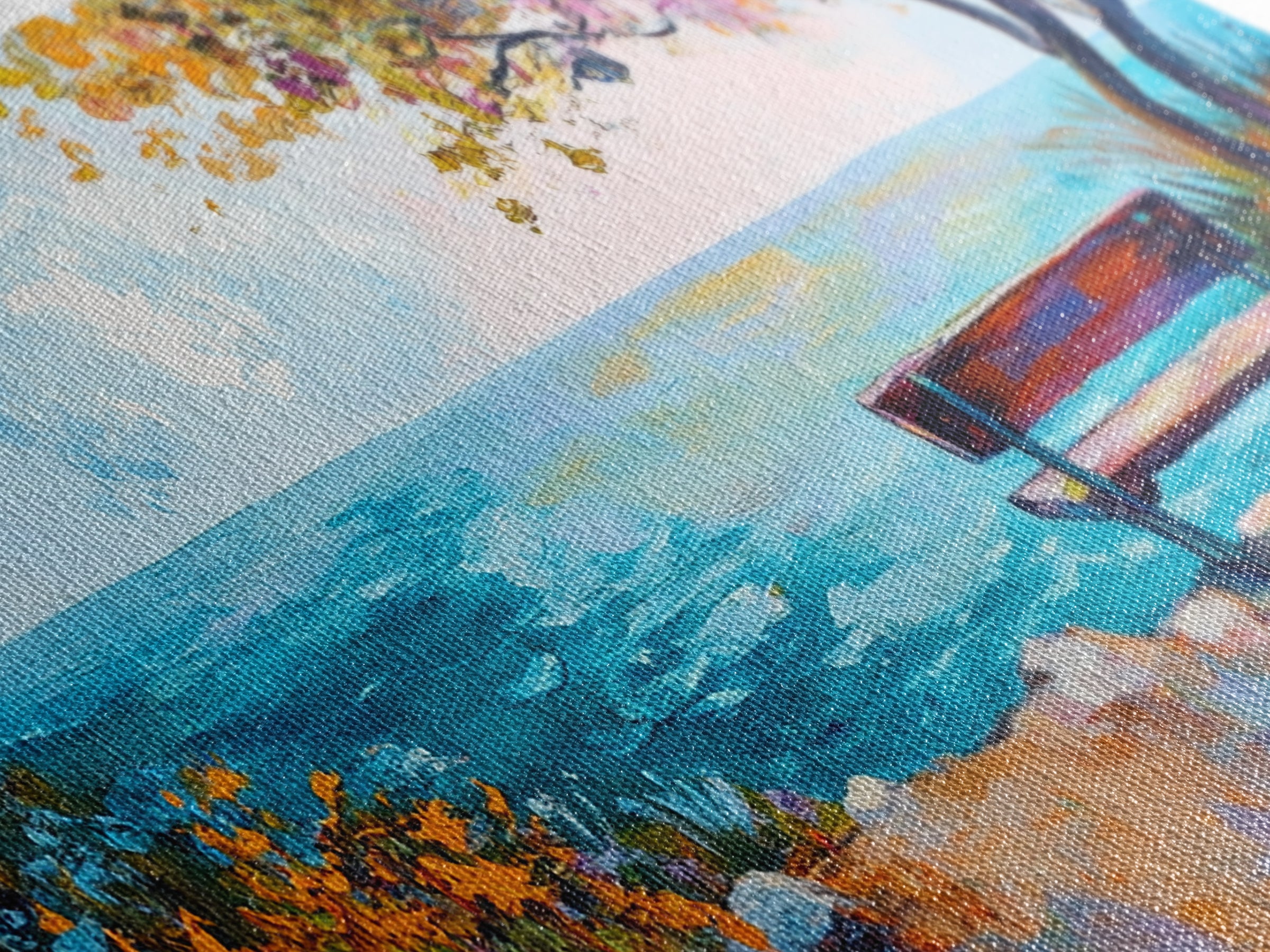 Bench, ocean view, autumn tree, Canvas Print, coastal landscape art, seascape painting, above bed wall art, extra wide art