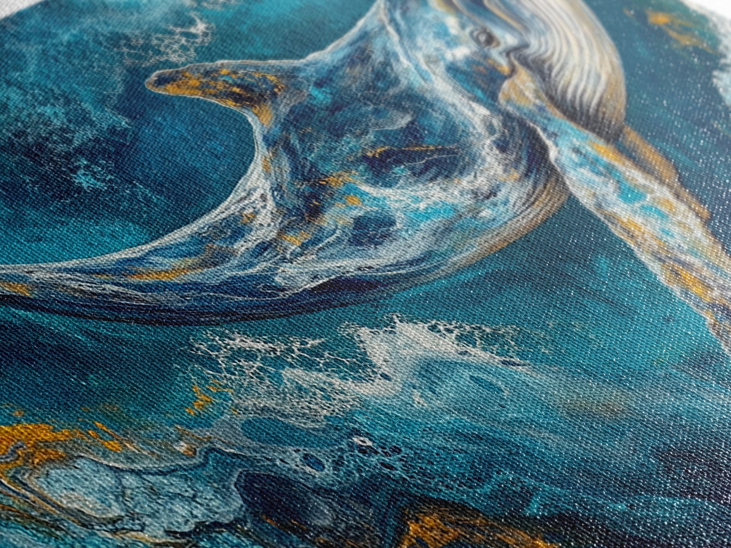 Blue whale, ocean waves, Canvas Print, whale painting, nautical decor, coastal wall art, seascape painting, extra wide art