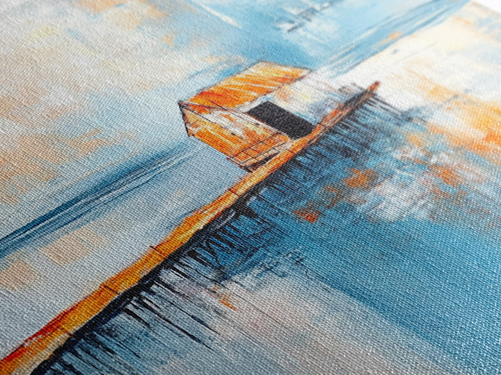 Dock, rustic barn, reflection, Canvas Print, barn landscape oil painting, coastal decor, nautical painting, panoramic art