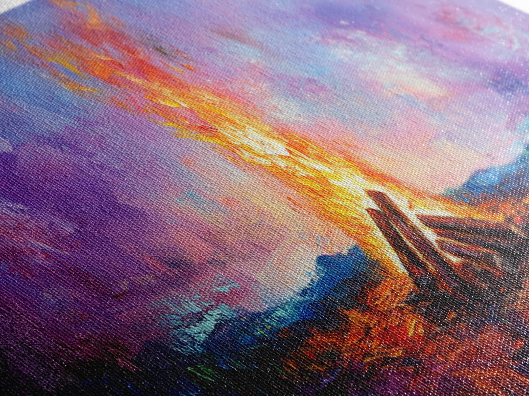 Campfire painting, rustic decor, boho art, mountain painting, cozy fire, scenic landscape, extra wide art, framed canvas print, warm glow