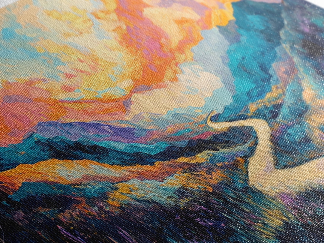 Abstract Landscape, Vibrant Sunset, Mountain Painting, Canvas Print, Extra Wide Art, Panoramic Art, Bedroom Art, Above Sofa Art