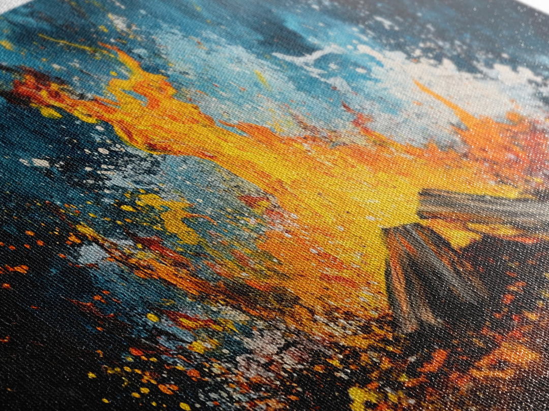 Abstract fire, moody art, geometric wall art, boho decor, flame painting, rustic wall art, extra wide art, framed canvas print, teal wall art