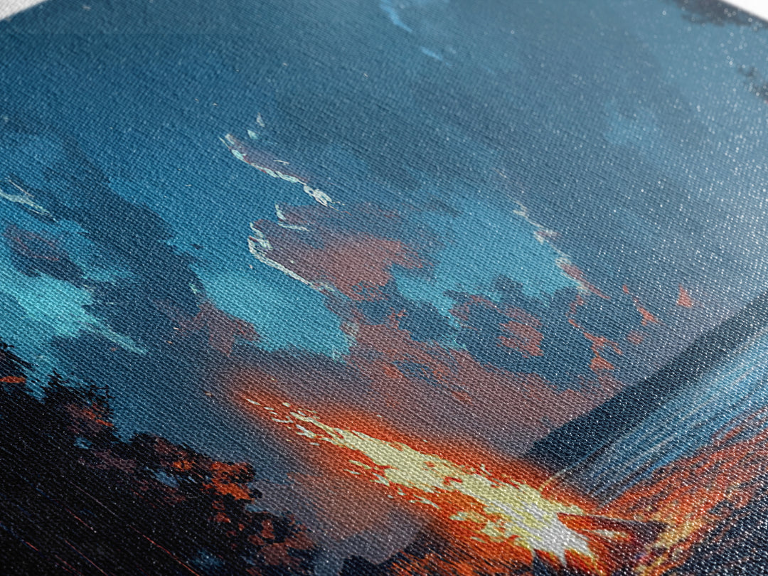 Campfire by lake, coastal decor, nautical wall art, scenic night, moody painting, extra wide art, panoramic art, canvas print, above sofa art