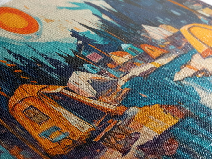 Camping painting, rustic wall art, pine tree art, mountain painting, nature lovers, warm glow, framed canvas print, wabi sabi art, moody art