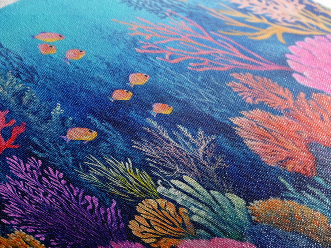 Coral Reef, ocean painting, whimsical art, koi fish painting, marine life art, vibrant wall art, coastal decor, Framed Canvas Print