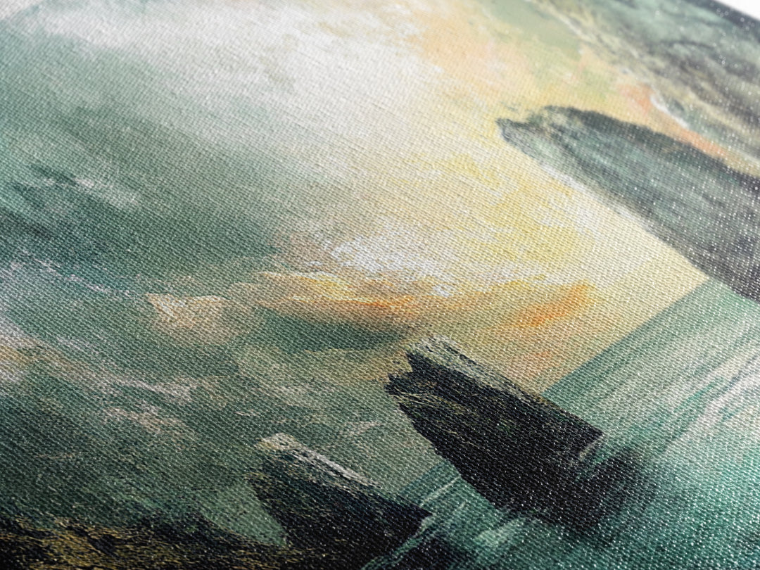 Ocean Cliffs, landscape painting, nautical wall art, moody art, wabi sabi art, extra wide art, textured art, Framed Canvas Print