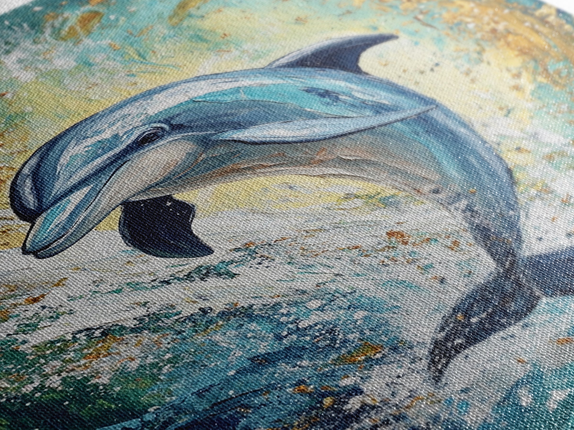 Dolphin, ocean painting, coastal wall art, nautical painting, framed canvas print, blue and green wall art, sea life decor