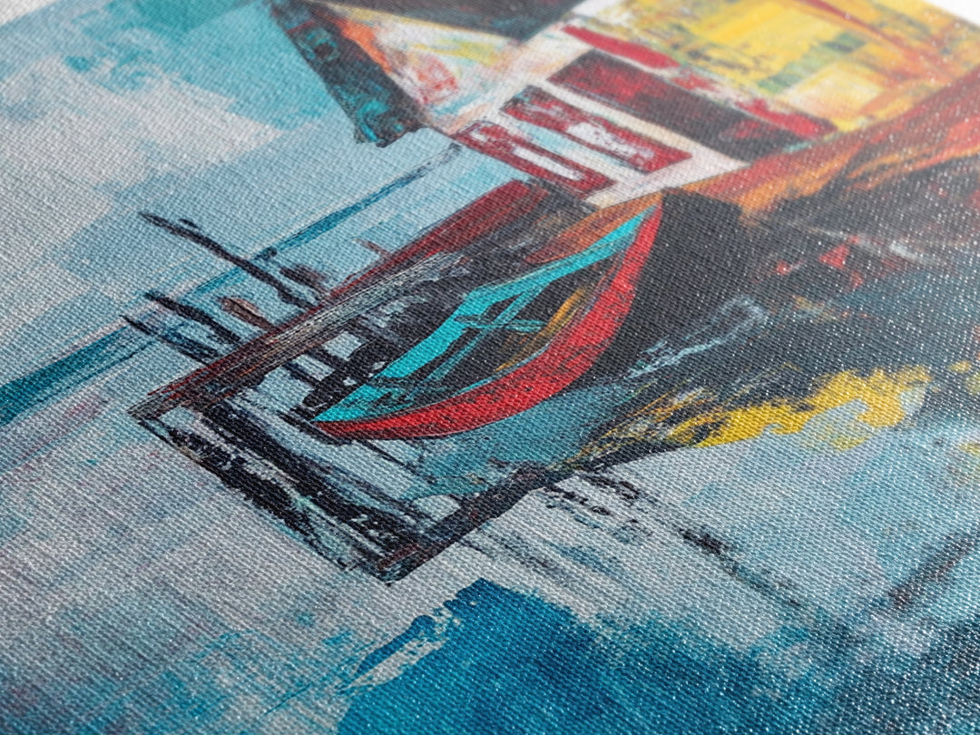 Rustic Boat Painting, Fishing Village Art, Coastal Landscape, Nautical Decor, Rustic Wall Art, Framed Canvas Print