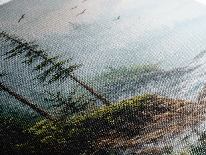 Coastal Cliff, ocean waves, pine tree art, landscape painting, coastal wall art, rustic decor, framed canvas print, nautical art