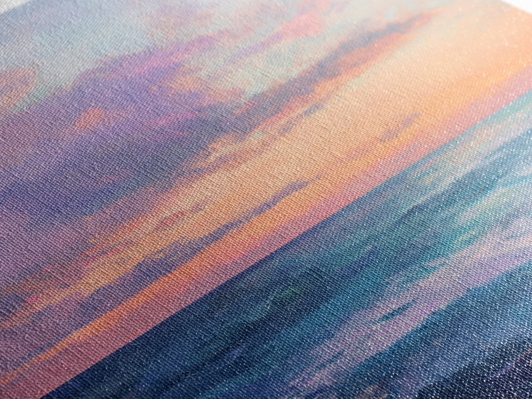 Ocean Sunset View, coastal landscape art, pink orange wall art, seascape painting, framed canvas print, bedroom art, nautical decor