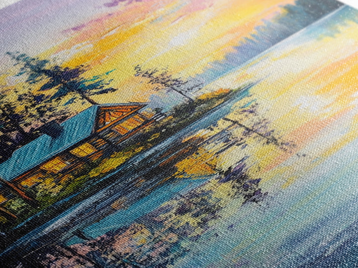 Cabin, Lake, Sunset, Framed Canvas Print, landscape painting, rustic wall art, above bed wall art, pine tree art, above sofa art