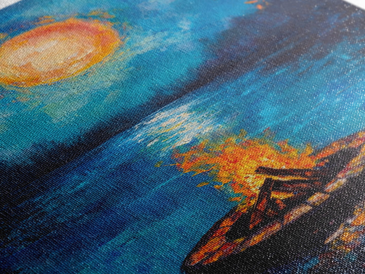 Campfire, Moonlight, Reflection, Framed Canvas Print, landscape painting, moody art, rustic wall art, blue and green wall art, bedroom art