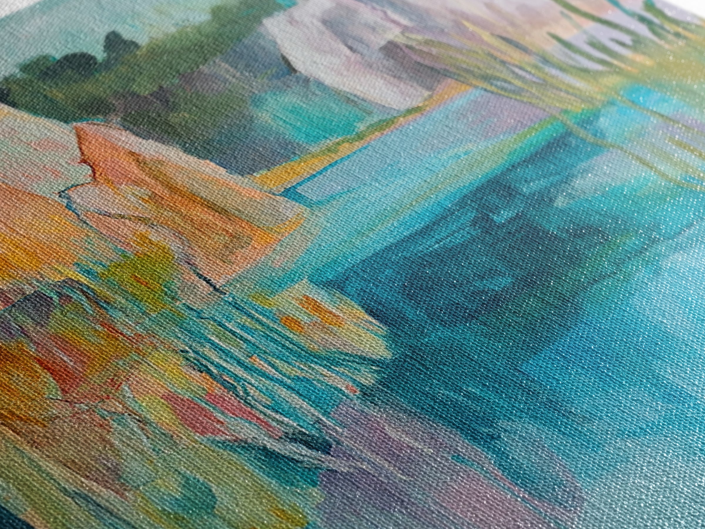 Abstract Landscape, blue and green wall art, horizon painting gray white, rustic art, gift idea for her, Framed Canvas Print