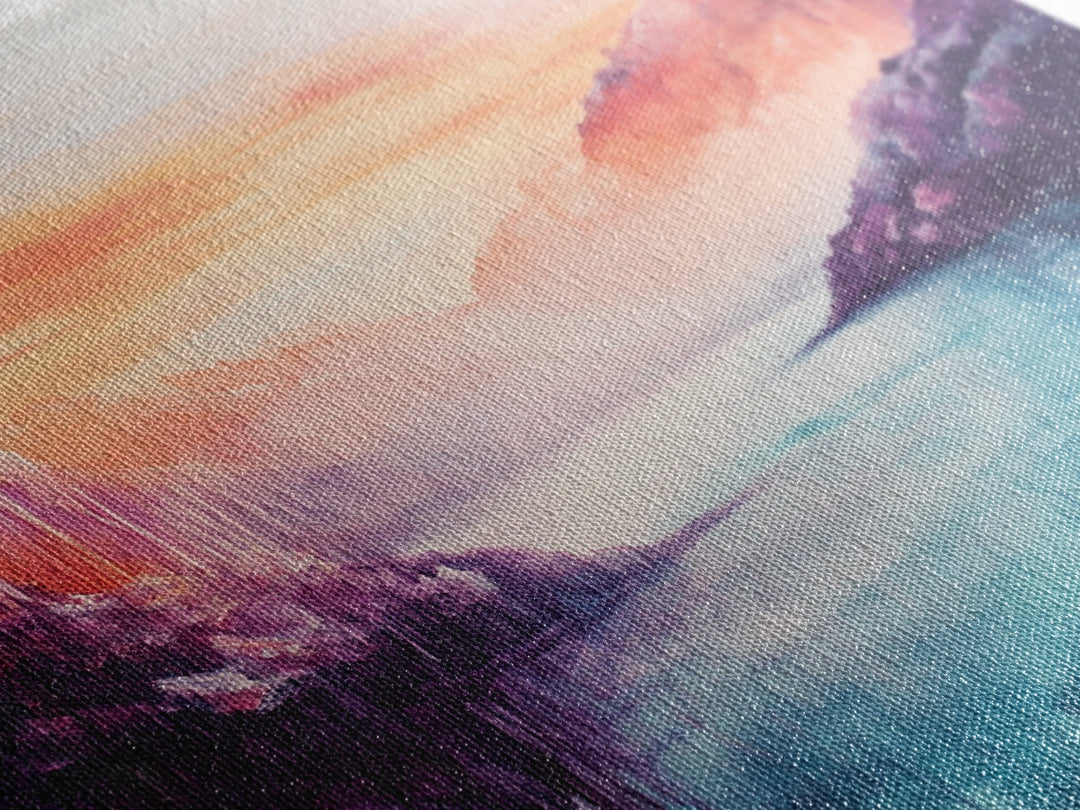 coastal decor, mountain painting, pink orange wall art, sunrise painting, landscape painting, Framed Canvas Print, abstract wall art