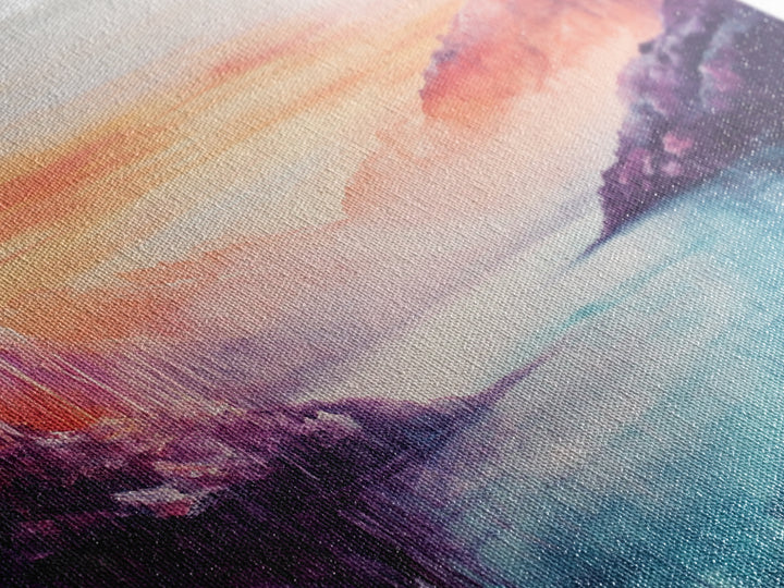 coastal decor, mountain painting, pink orange wall art, sunrise painting, landscape painting, Framed Canvas Print, abstract wall art