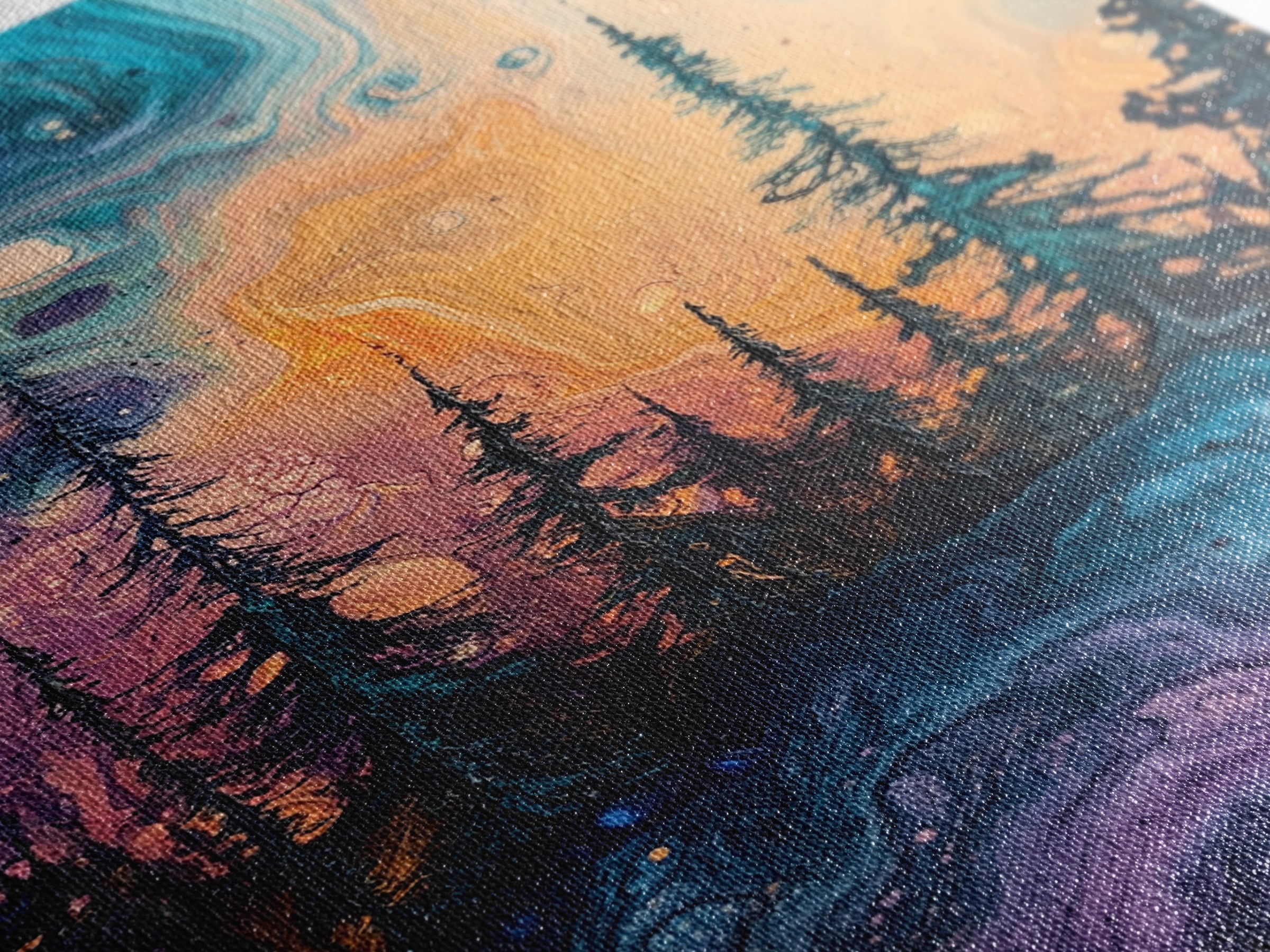 Cosmic Trees, forest at dusk painting, pine tree art, fantasy landscape, moody art, celestial wall art, mystical art, canvas print