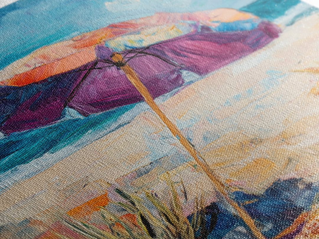 Beach Umbrella, Coastal Wall Art, Seascape Painting, Nautical Decor, Ocean Painting, Coastal Landscape Art, Framed Canvas Print