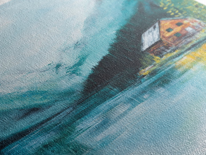 Cabin by Lake, lake Tahoe art, mountain painting, rustic wall art, bedroom art, nature wall art, framed canvas print, home decor