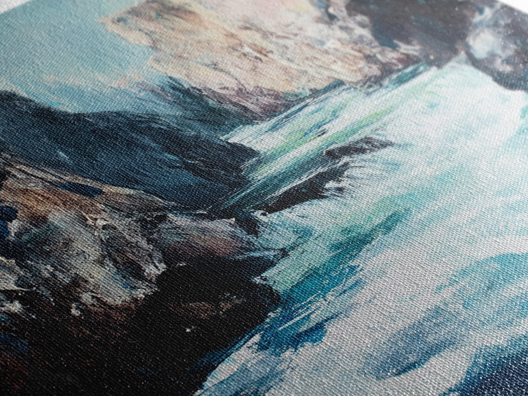 Rocky Waterfall, Moody Landscape, Canvas Print, Nature Painting, Rustic Decor, Adventure Art, Southwest Wall Art, Tall Narrow Art