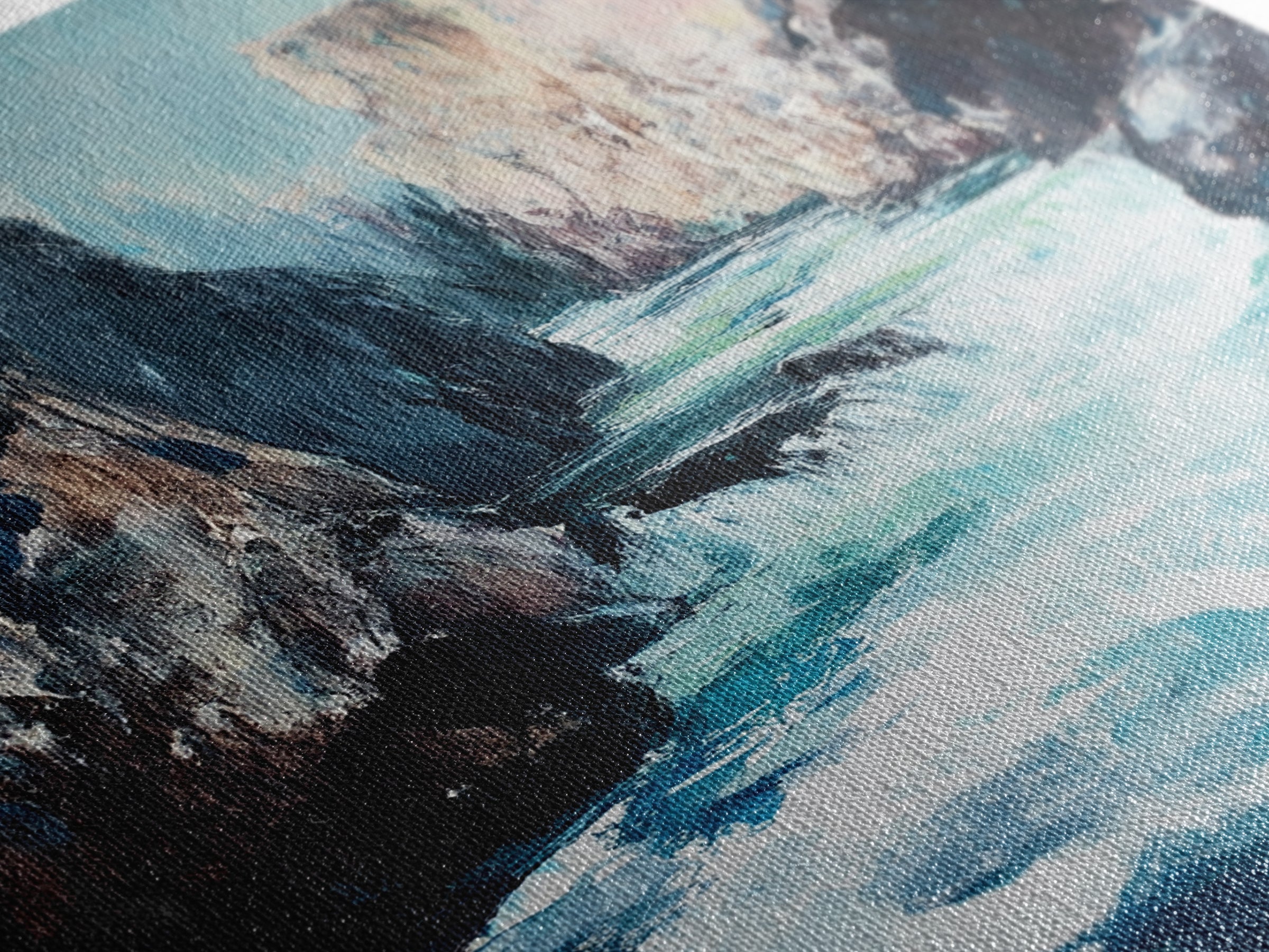 Rocky Waterfall, Moody Landscape, Canvas Print, Nature Painting, Rustic Decor, Adventure Art, Southwest Wall Art, Tall Narrow Art