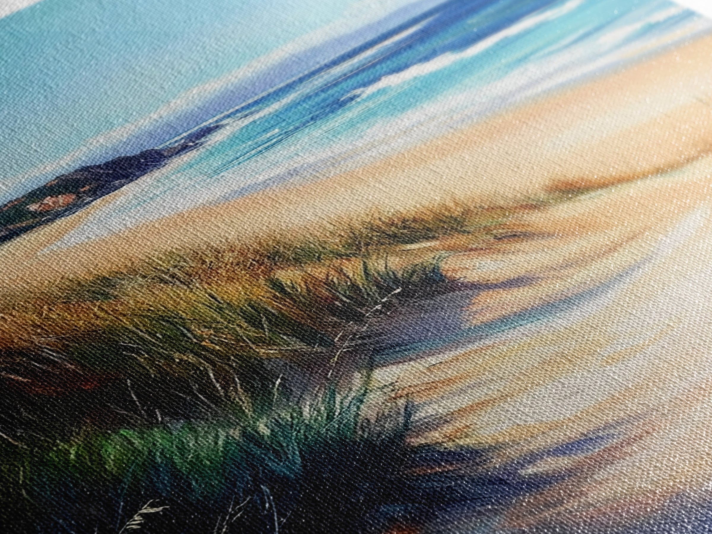 Coastal Sand Dunes Framed Canvas Print Serene Beach Painting, Ocean Landscape Wall Art, Relaxing Bedroom Decor, Nautical Home Style