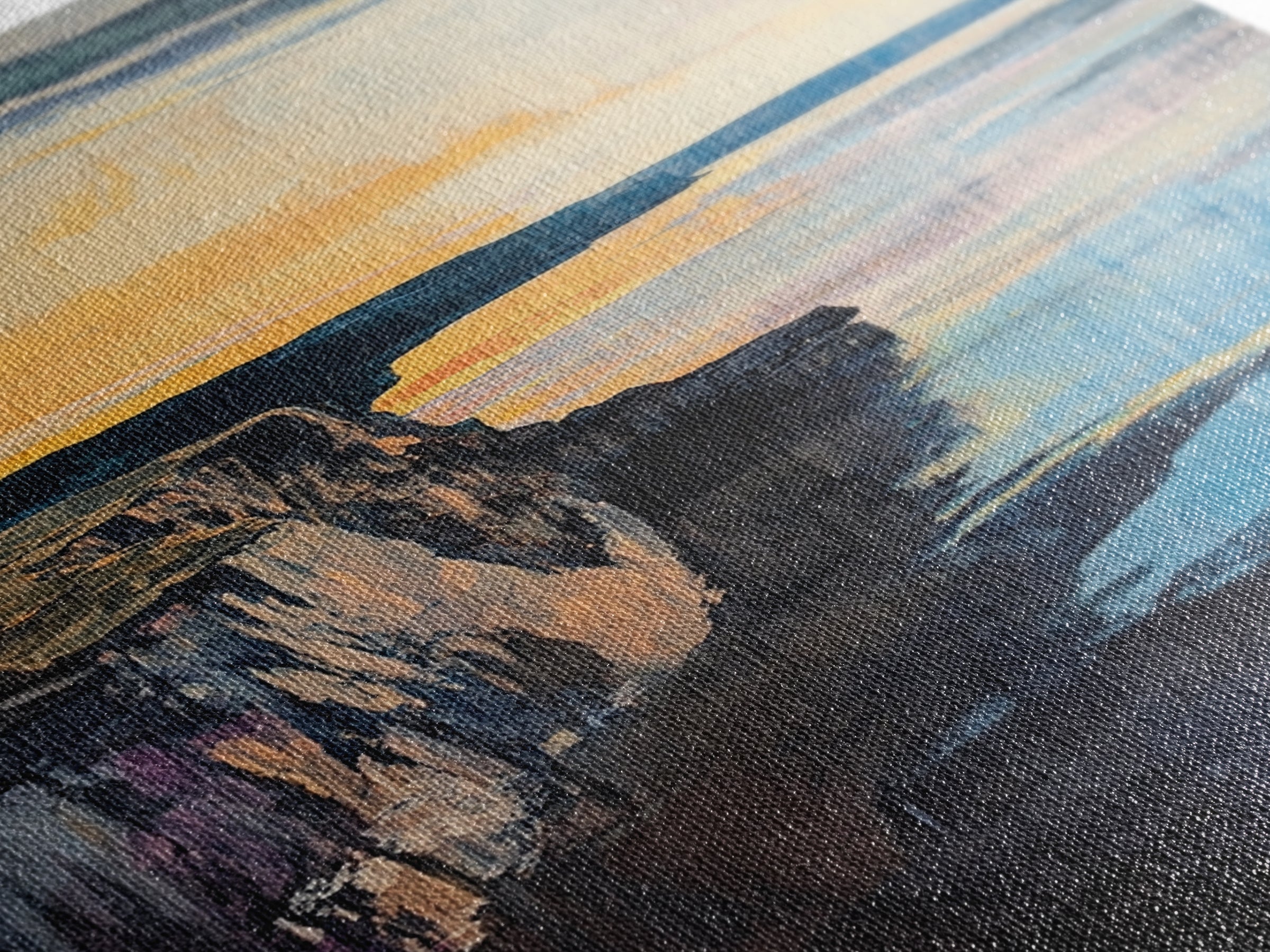 Dramatic Cliff Sunset Canvas Print Coastal Landscape Wall Art, Ocean Sunset Painting, Modern Beach Decor, Bedroom Aesthetic