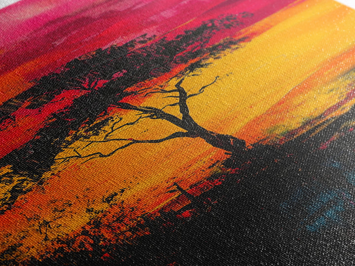 African Sunset Framed Canvas Print | Savanna Landscape Painting | Tree Silhouette Wall Art | Warm Sunset Decor | Rustic Home Art