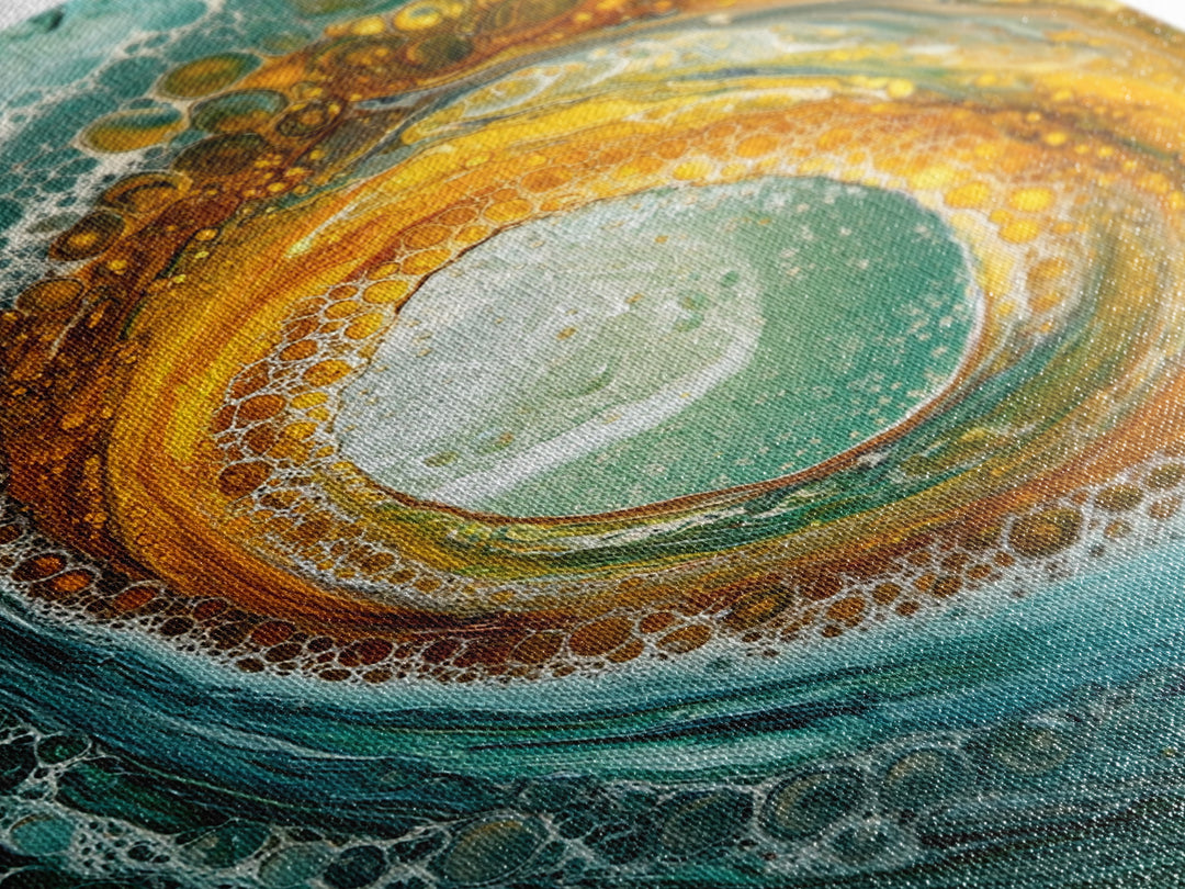 Ocean Wave Swirl Canvas Print | Abstract Beach Wall Art | Turquoise Gold Painting | Coastal Home Decor | Surfer Wall Art