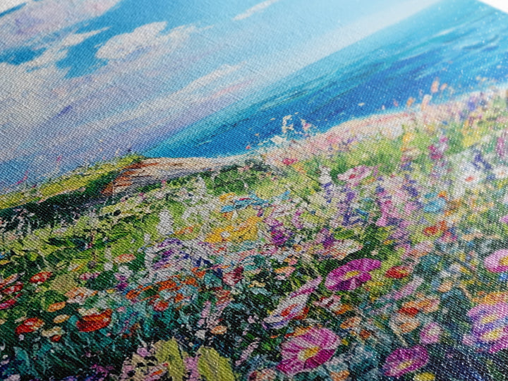Ocean Cliffside Flowers Framed Canvas Print Coastal Landscape Wall Art, Wildflower Meadow Painting, Beach House Art, Seaside Decor