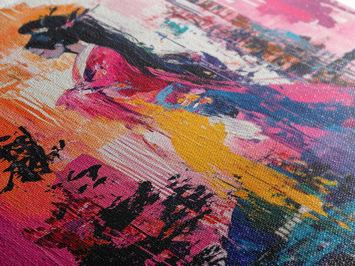 Abstract Geisha, Colorful Woman Art, Japanese Painting, Wabi Sabi Art, Boho Art, Pink Wall Art, Framed Canvas Print, Gift Idea