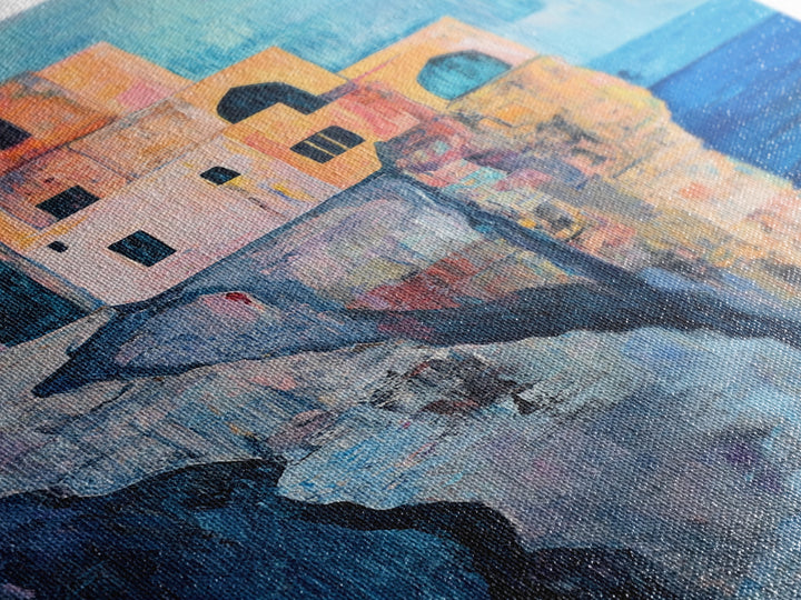 Cliffside Village, Mediterranean Art, Coastal Wall Art, Seascape Painting, Boho Art, Rustic Wall Art, Framed Canvas Print