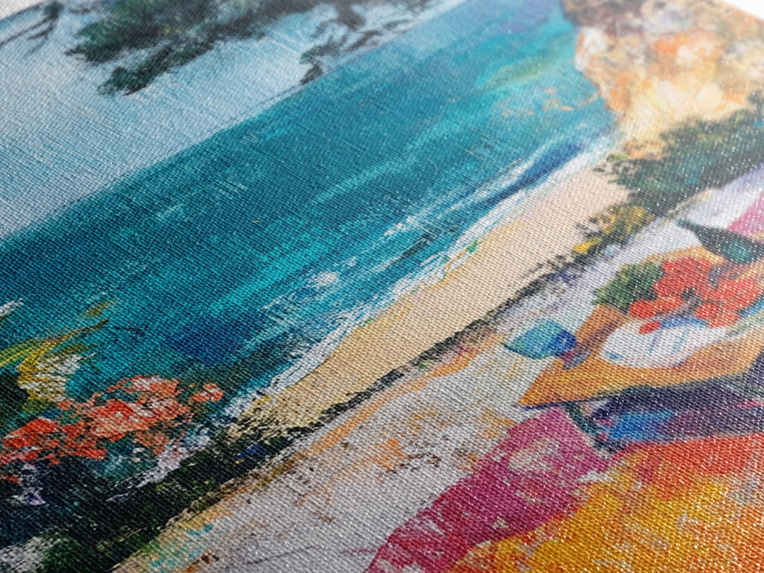 Beach Picnic, coastal cowgirl wall art, nautical decor, food review kitchen art, ocean view, tropical art, Framed Canvas Print, gift idea