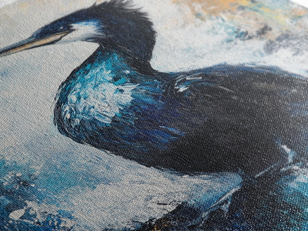 Blue Heron, bird art, rustic wall art, coastal landscape art, moody art, wildlife painting, Framed Canvas Print, nature-inspired decor