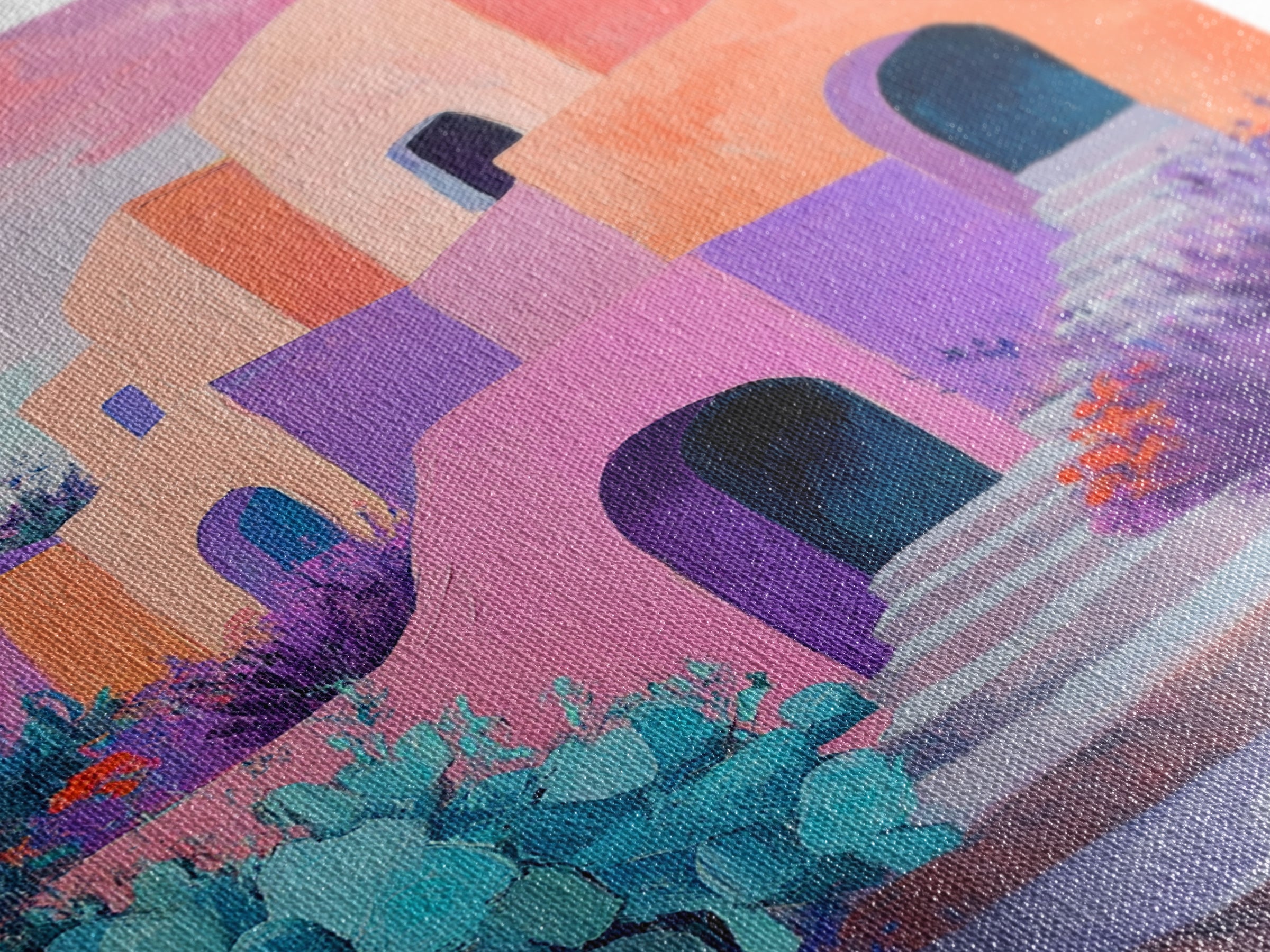 Desert House, Southwest Art, Colorful Adobe Painting, Boho Wall Art, Pink Orange Wall Art, Living Room Art, Framed Canvas Print