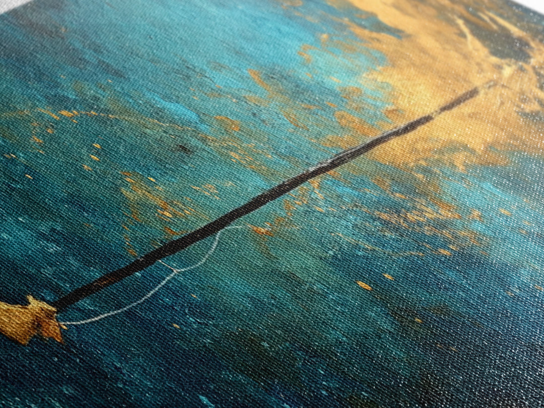 Cosmic Fishing Line Canvas Print Abstract Space Wall Art Gold and Blue Modern Artwork Celestial Decor Living Room Framed Art