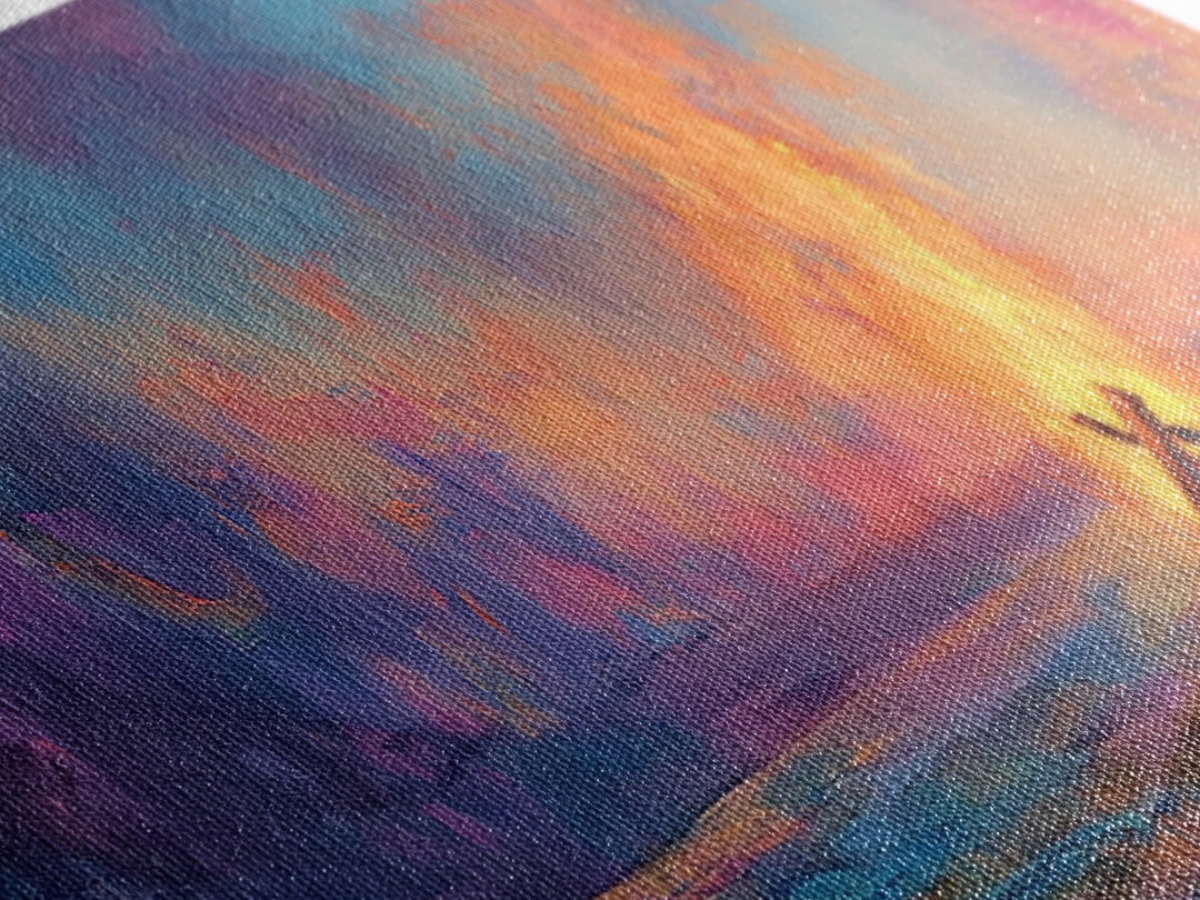 Beach Bonfire Sunset Painting, Vibrant Coastal Seascape Art, Ocean Night Sky Wall Decor, Warm Living Room, Framed Canvas Print