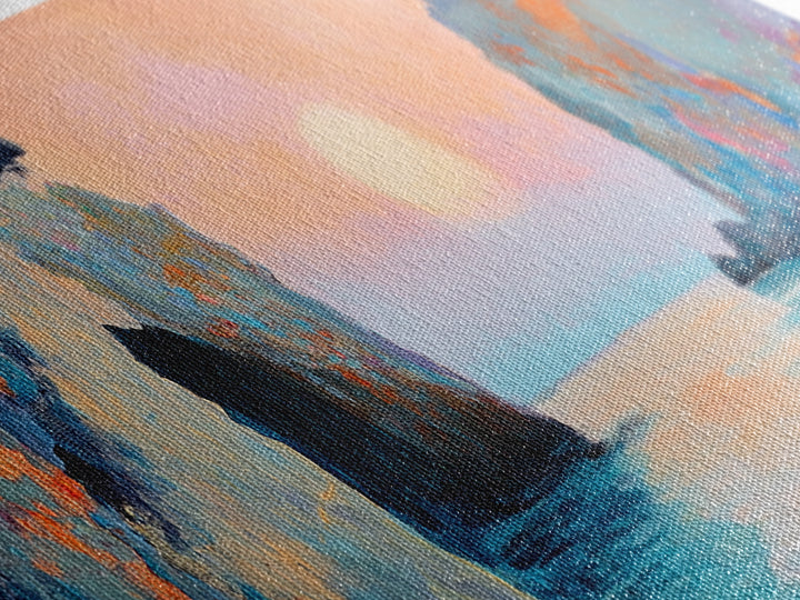 Romantic Sunset Bay Framed Canvas Print Coastal Landscape Wall Art Pastel Tones Boho Home Decor Bedroom Living Room Gift