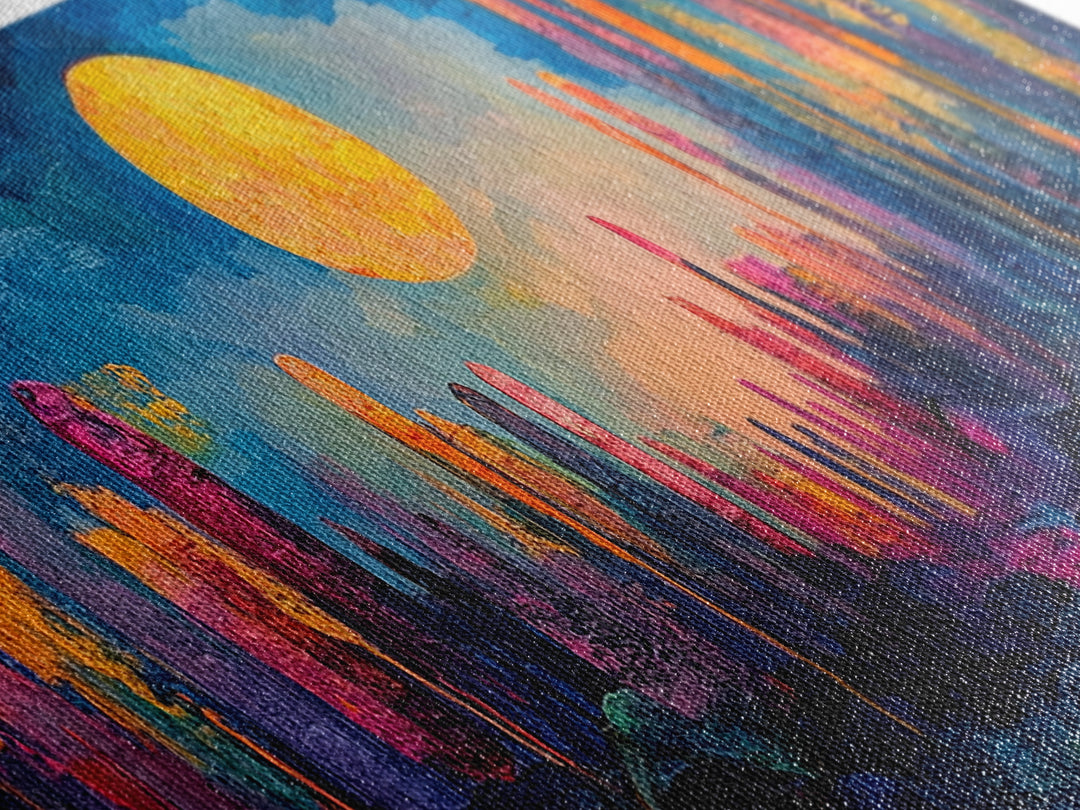 Neon Moon Fantasy Canvas Print - Vibrant Sci-Fi Cityscape Painting, Psychedelic Wall Art, Trippy Room Aesthetic, Urban Decor