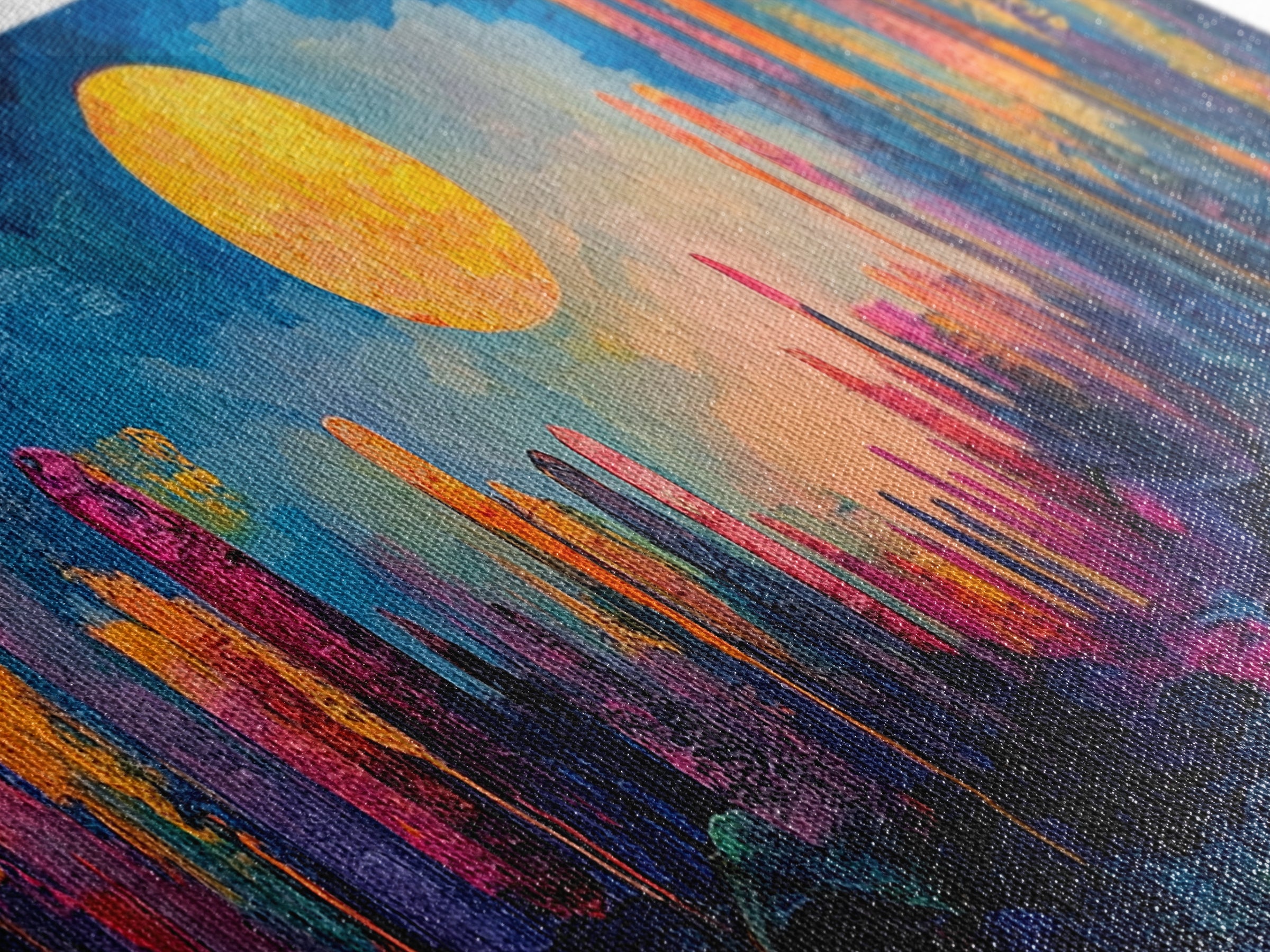 Neon Moon Fantasy Canvas Print - Vibrant Sci-Fi Cityscape Painting, Psychedelic Wall Art, Trippy Room Aesthetic, Urban Decor